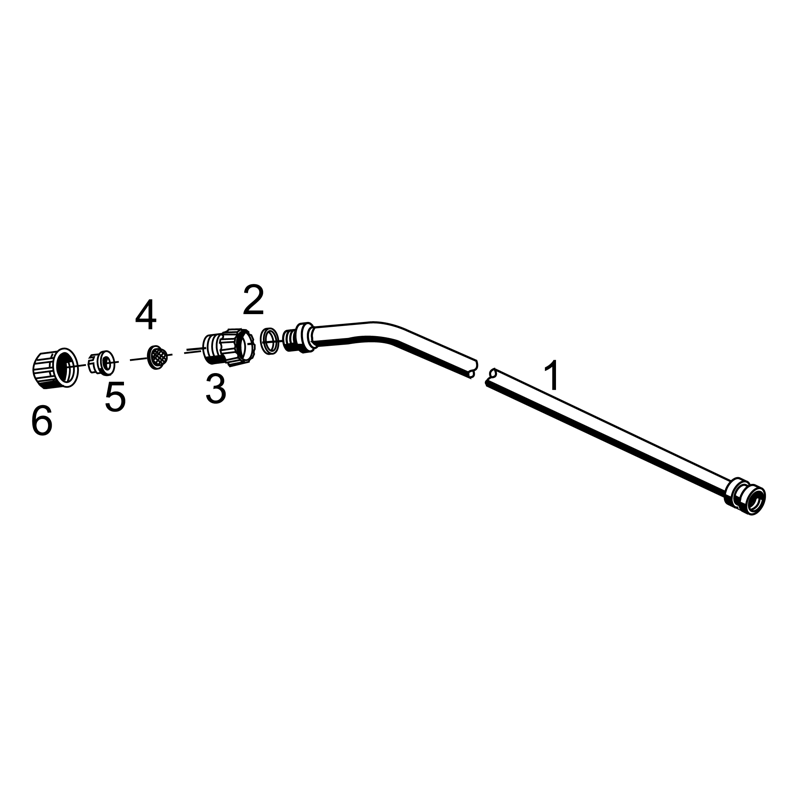 MESTO Messing-Spritzrohr gebogen 50 cm mit Flachstrahldüse 1421F, Zeichnung der Einzelteile