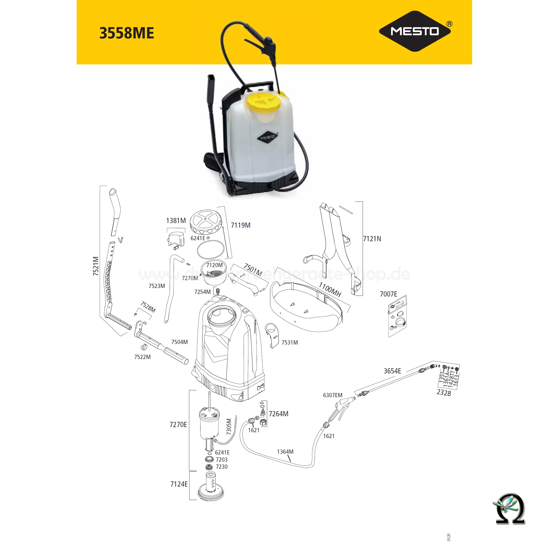 MESTO 3558ME, Explosionszeichnung mit Ersatzteilnummern, MESTO Hebelarm 7521M für Rückenspritzen Typ 3552 und 3558