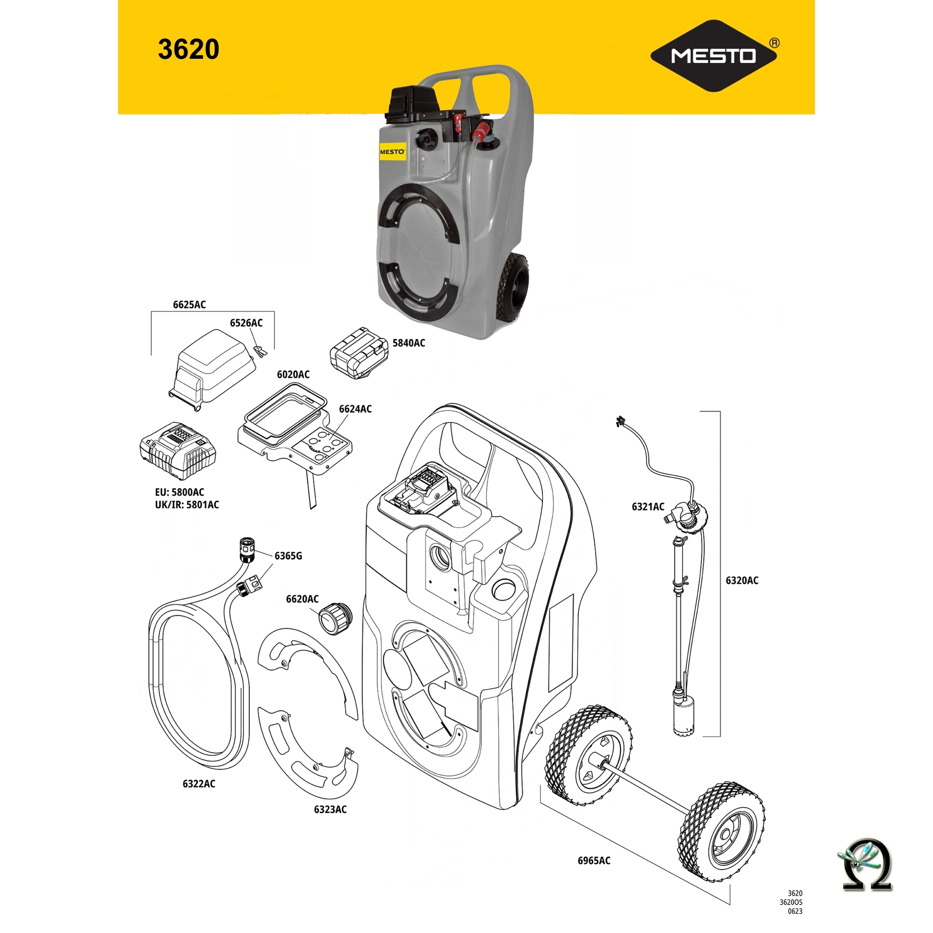 MESTO Akku-Druckwasserbehälter 3620OS AQUA CADDY 60 Liter, Zeichnung der Einzelteile