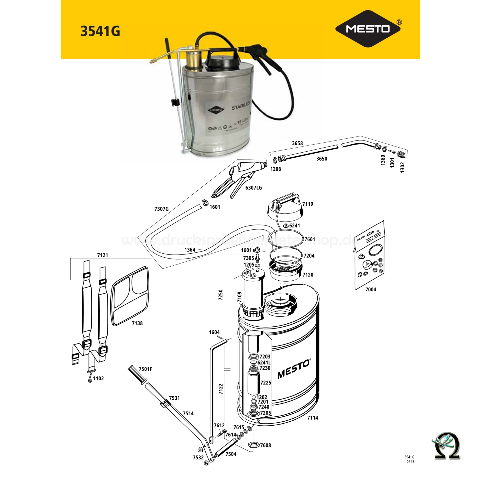 MESTO 3541G STABILUS, Explosionszeichnung mit Ersatzteilnummern, MESTO Trageriemen mit Polster 1100, einzeln