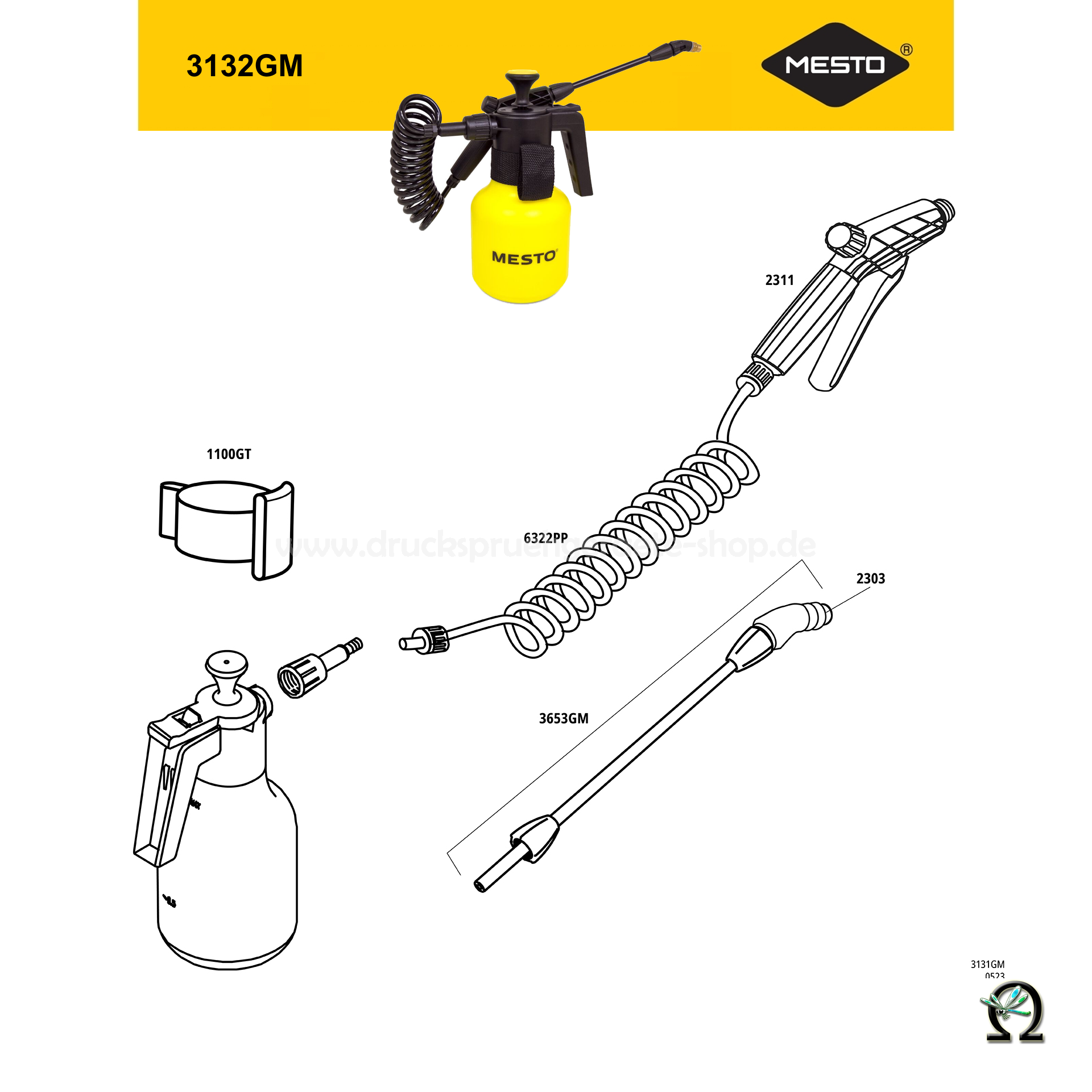 MESTO 3132GM Belt Held, Explosionszeichnung mit Ersatzteilnummern, MESTO Spiralschlauch 6322PP (PUR) 2,5 m