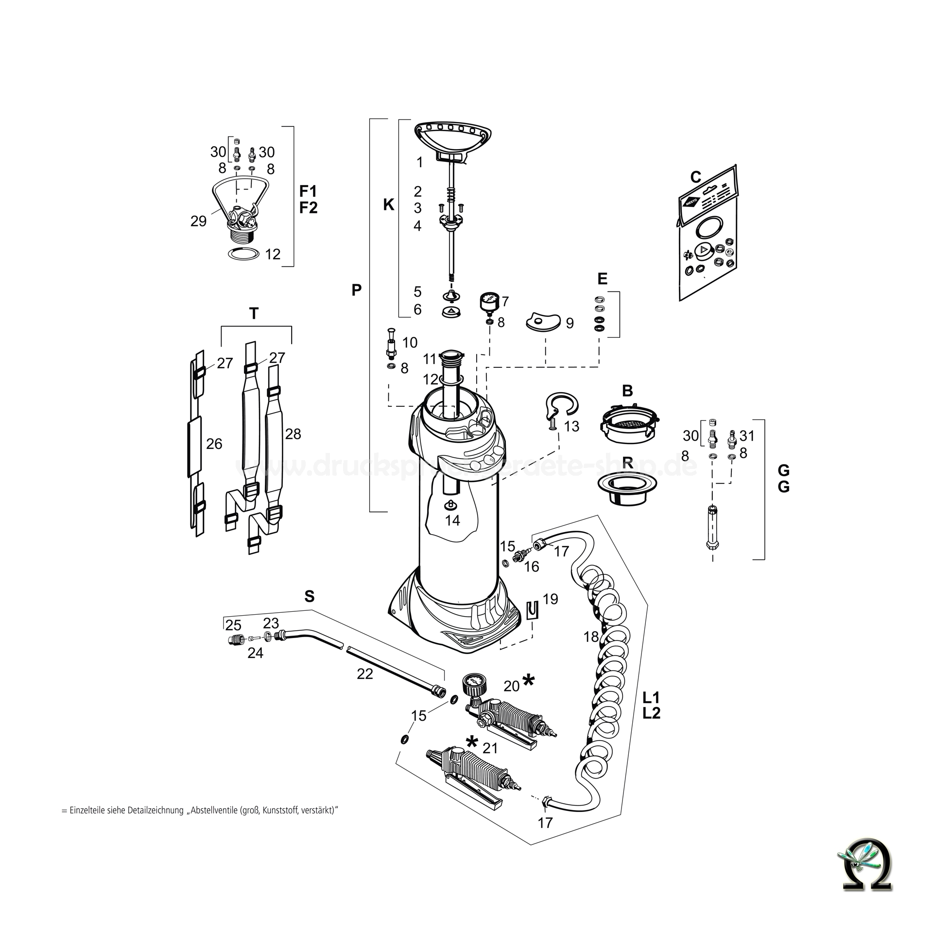 Mesto Hochdrucksprühgerät 3615 INOX - 10 Liter, Zeichnung der Einzelteile