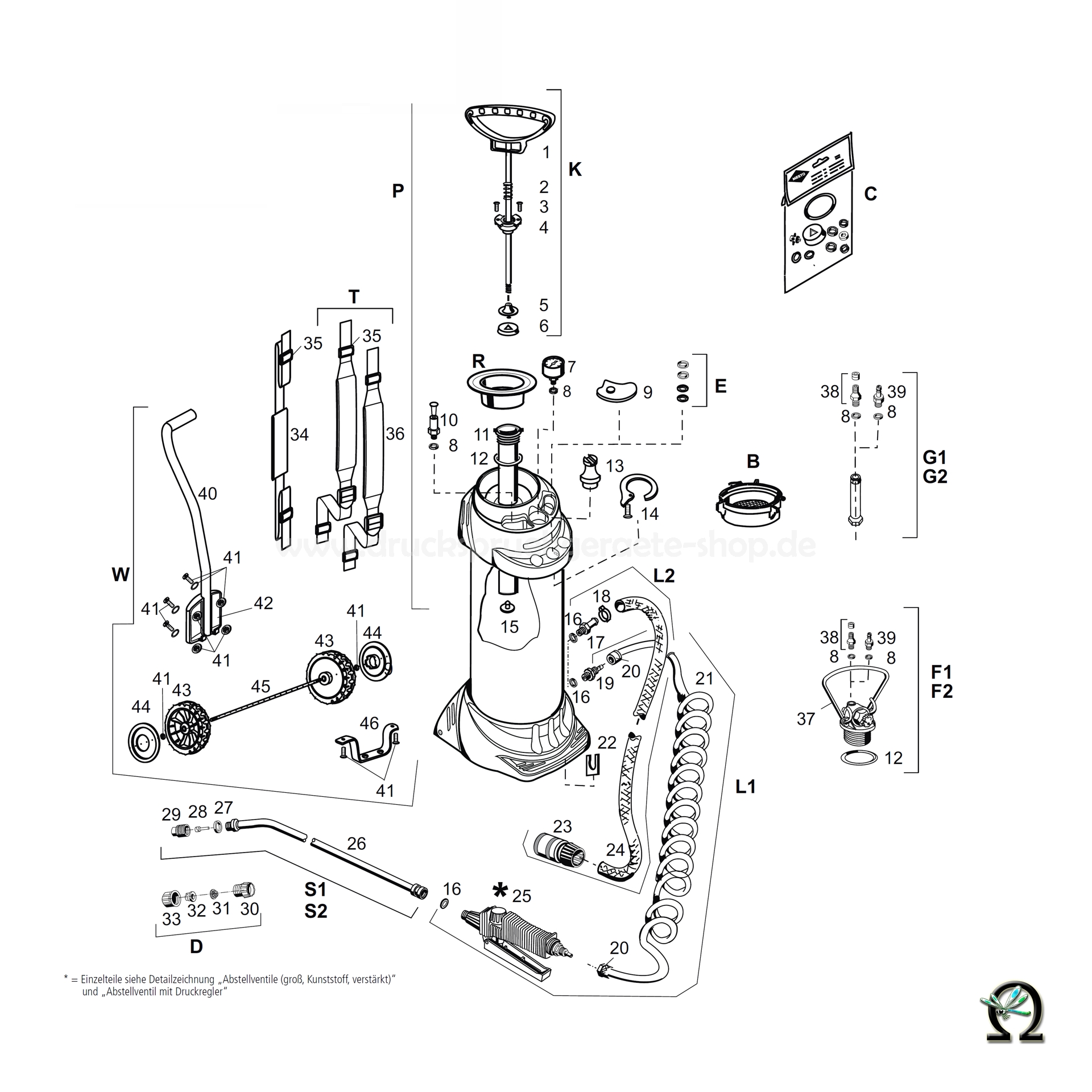 Mesto Hochdrucksprühgerät 3615R INOX PLUS - 10 Liter, Zeichnung der Einzelteile