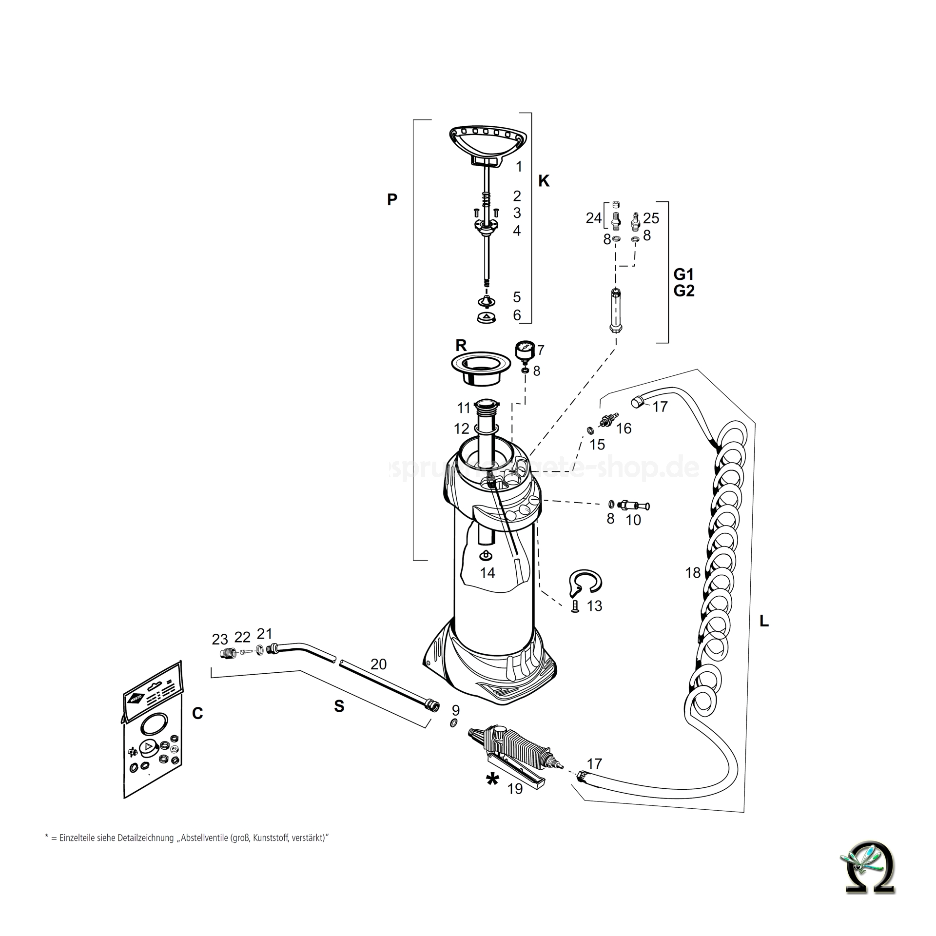 MESTO Hochdrucksprühgerät 3615X INOX EXTREME - 10 Liter, Zeichnung der Einzelteile